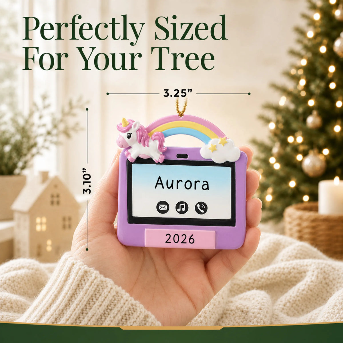 Size guide: the personalized girls tablet christmas ornament is 3.25 in wide by 3.10 in tall, shown in hand