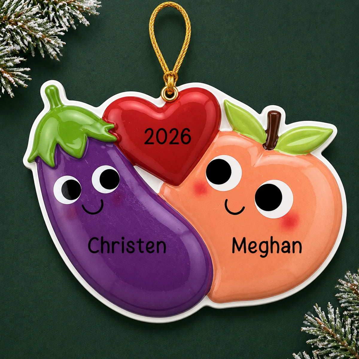 Personalized Eggplant & Peach christmas ornament on a dark green pine background