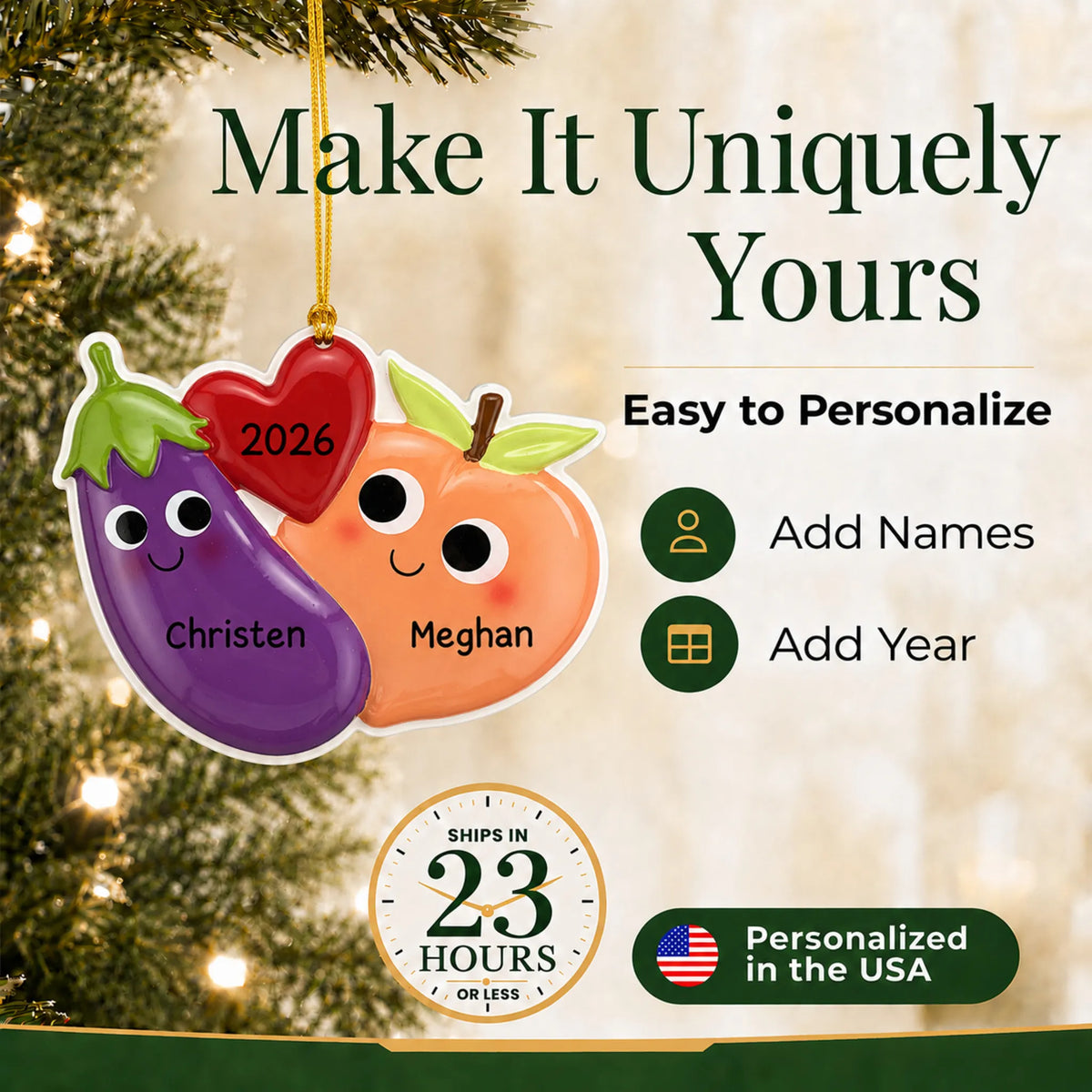 Make it yours: personalize the Eggplant & Peach christmas ornament
