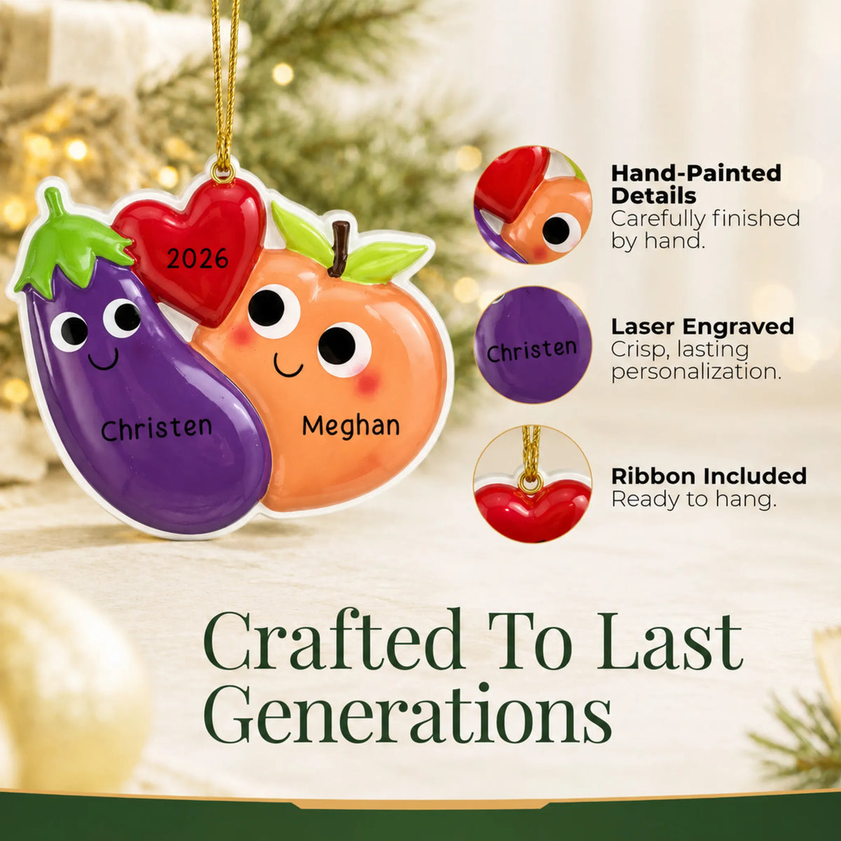 Hand-painted details and laser engraved personalization on the Eggplant & Peach christmas ornament, ribbon included