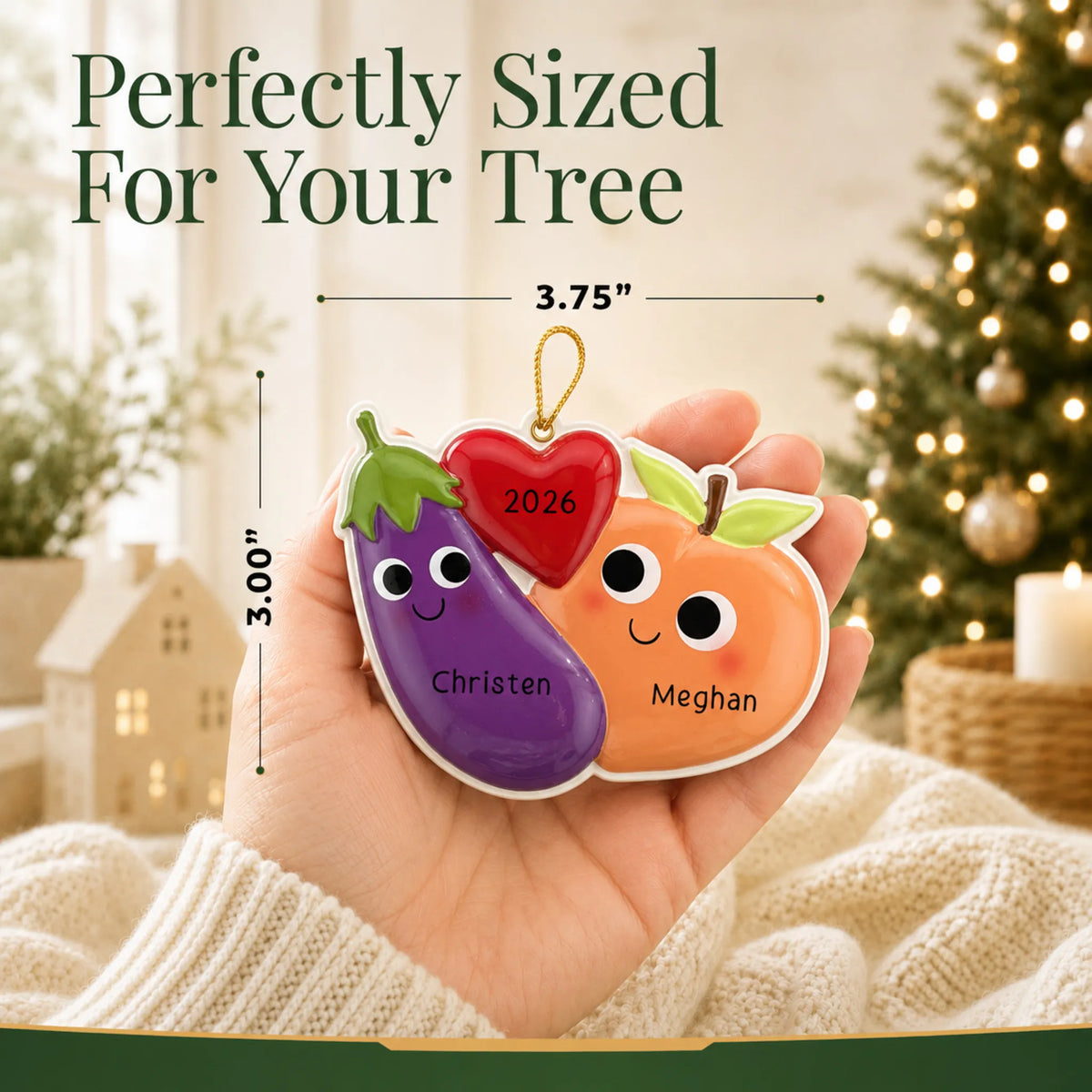 Size guide: the personalized Eggplant & Peach christmas ornament is 3.75 in wide by 3.00 in tall, shown in hand