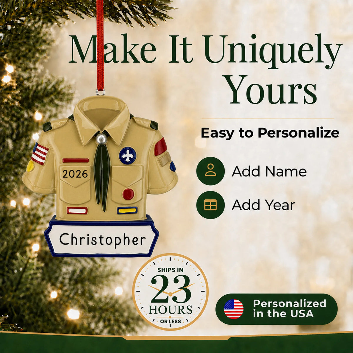 Make it yours: add name and year to the personalized boy scout christmas ornament