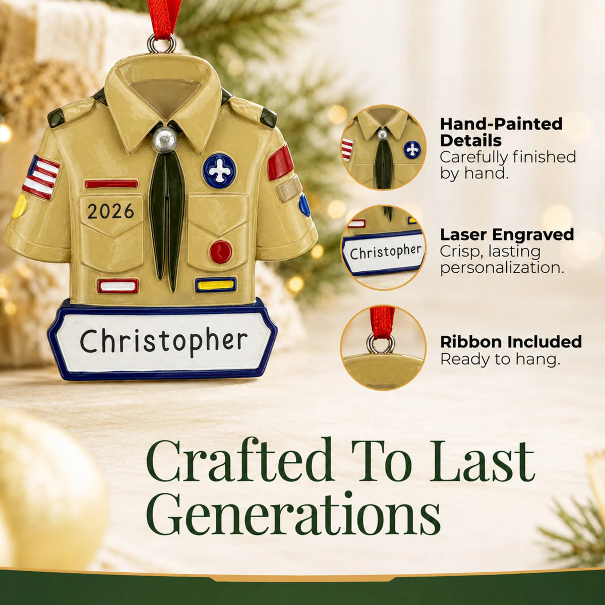 Hand-painted details and laser engraved personalization on the boy scout christmas ornament, ribbon included