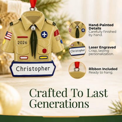 Hand-painted details and laser engraved personalization on the boy scout christmas ornament, ribbon included
