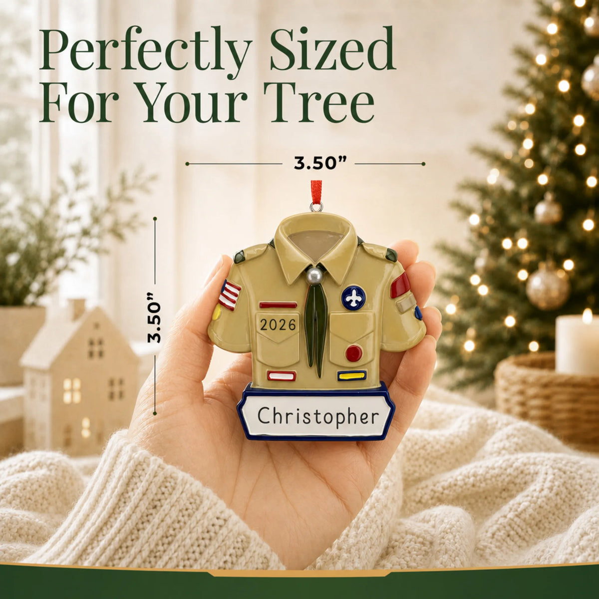 Size guide: the personalized boy scout christmas ornament shown in hand next to a Christmas tree