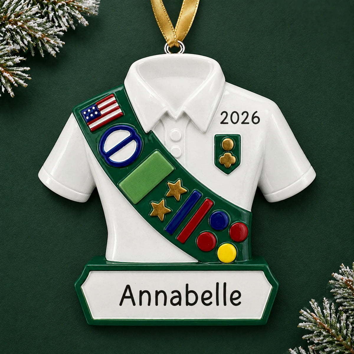 Personalized girl scout christmas ornament on a dark green pine background