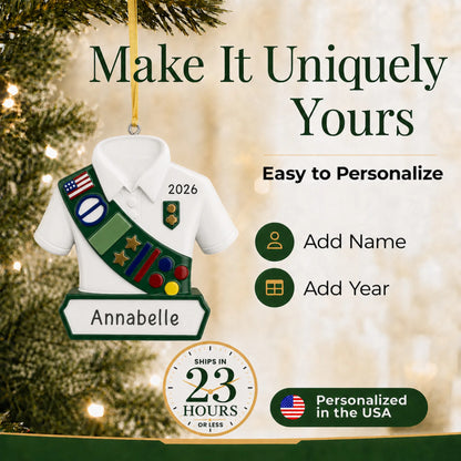 Make it yours: add name and year to the personalized girl scout christmas ornament