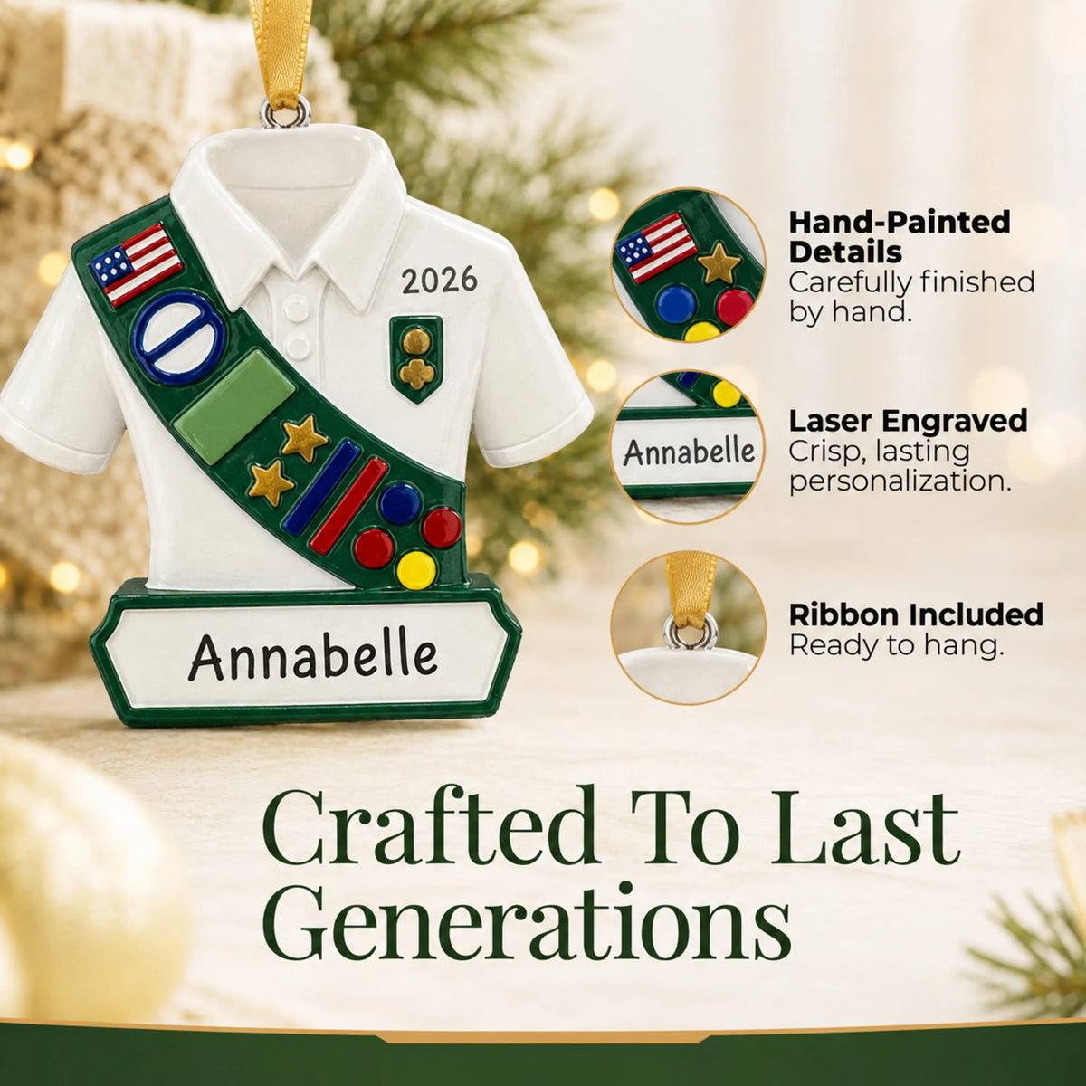 Hand-painted details and laser engraved personalization on the girl scout christmas ornament, ribbon included