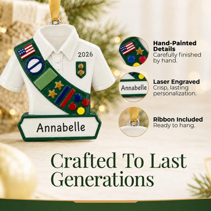Hand-painted details and laser engraved personalization on the girl scout christmas ornament, ribbon included