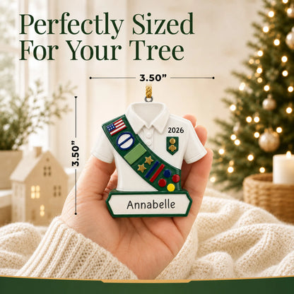 Size guide: the personalized girl scout christmas ornament is 3.50 in wide by 3.50 in tall, shown in hand