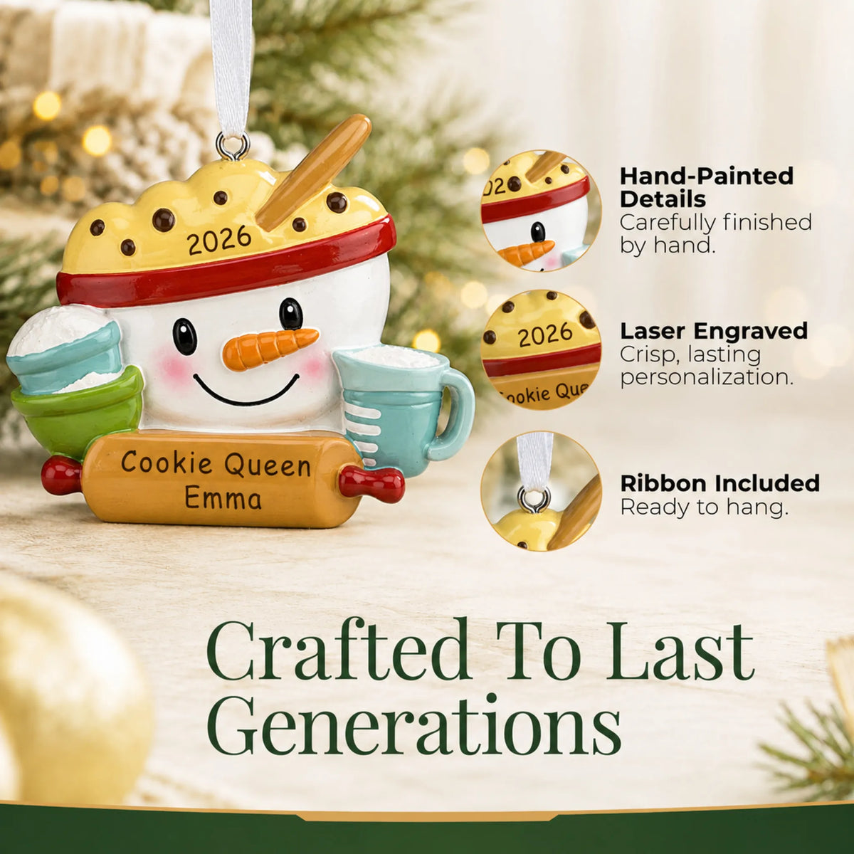 Hand-painted details and laser engraved personalization on the baking measuring cups christmas ornament, ribbon included