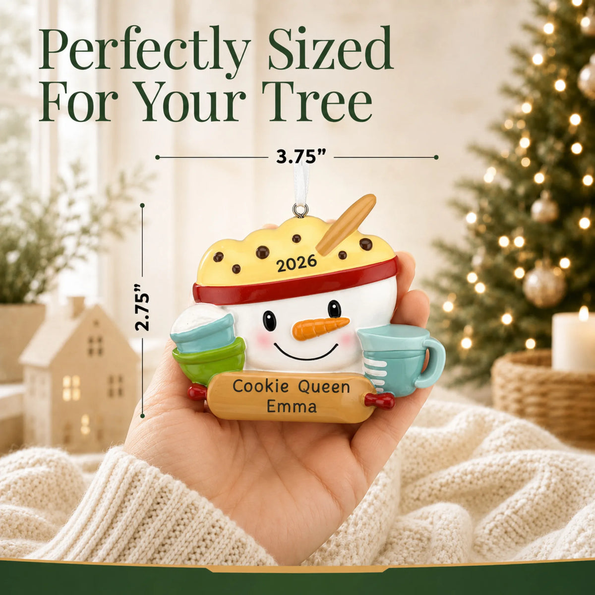 Size guide: the personalized baking measuring cups christmas ornament is 3.75 in wide by 2.75 in tall, shown in hand