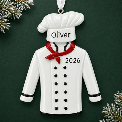 Personalized chef uniform christmas ornament on a dark green pine background