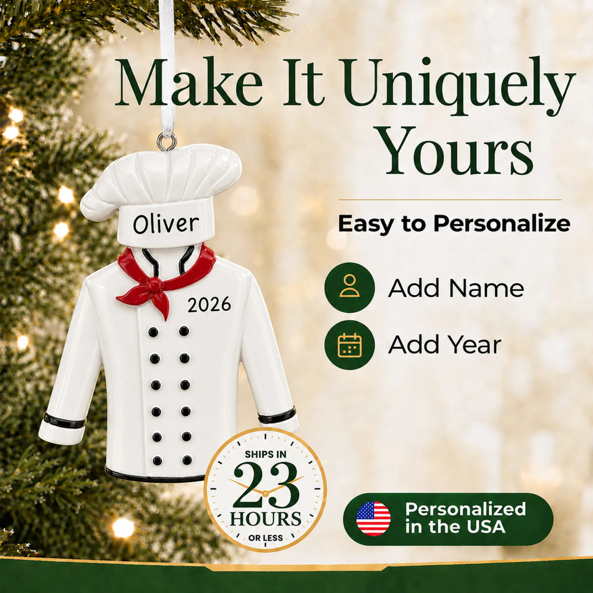 Make it yours: add name and year to the personalized chef uniform christmas ornament