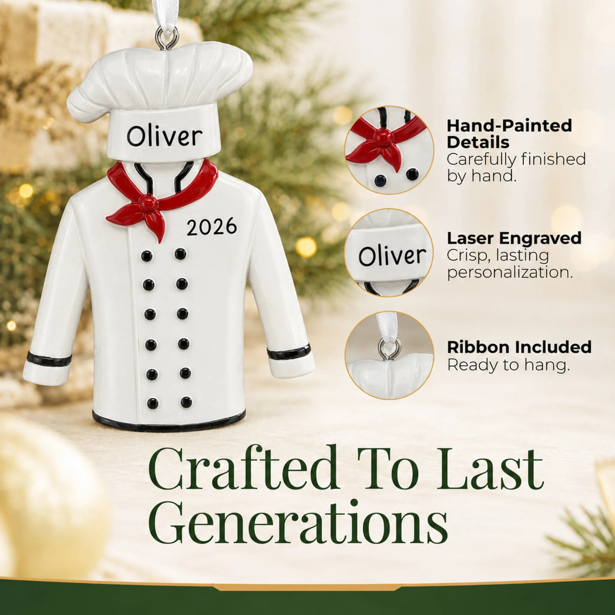 Hand-painted details and laser engraved personalization on the chef uniform christmas ornament, ribbon included