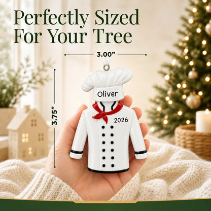 Size guide: the personalized chef uniform christmas ornament is 3.00 in wide by 3.75 in tall, shown in hand