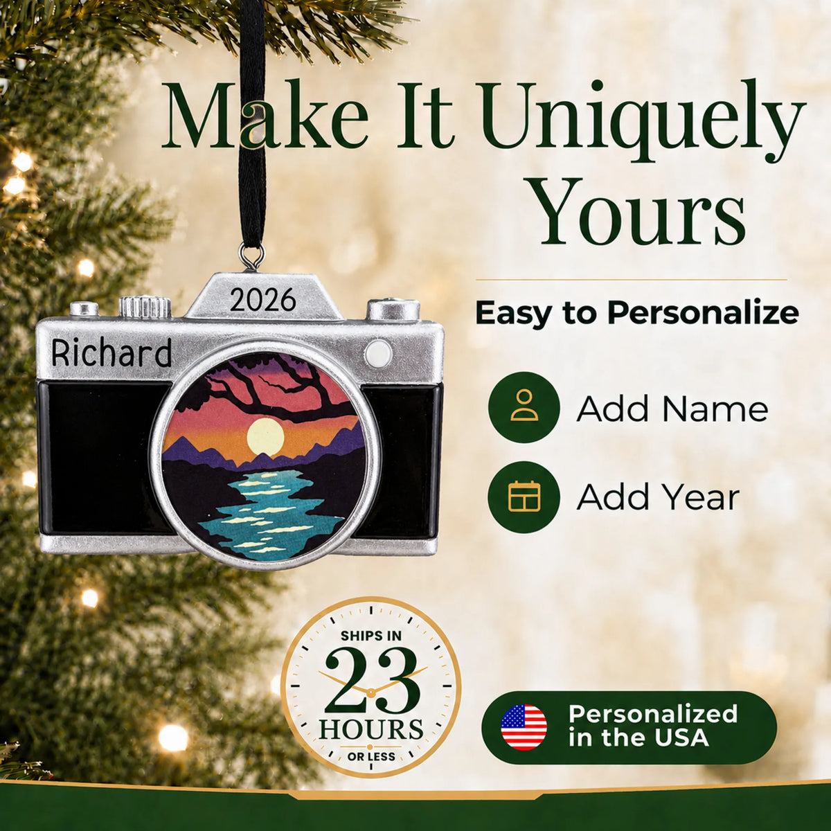 Make it yours: add name and year to the personalized dslr camera christmas ornament