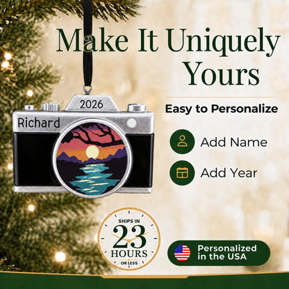 Make it yours: add name and year to the personalized dslr camera christmas ornament