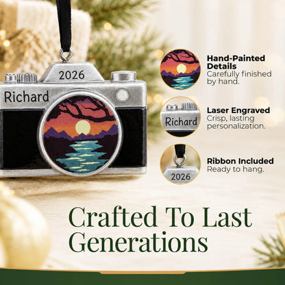 Hand-painted details and laser engraved personalization on the dslr camera christmas ornament, ribbon included