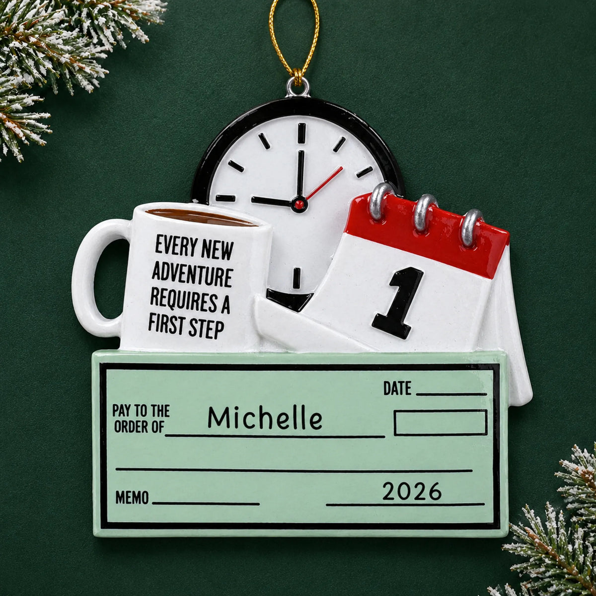 Personalized first job paycheck christmas ornament on a dark green pine background