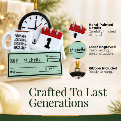Hand-painted details and laser engraved personalization on the first job paycheck christmas ornament, ribbon included