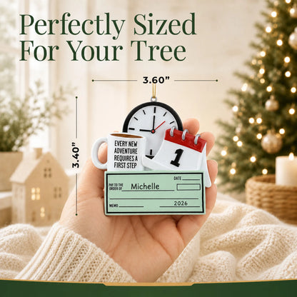 Size guide: the personalized first job paycheck christmas ornament is 3.60 in wide by 3.40 in tall, shown in hand
