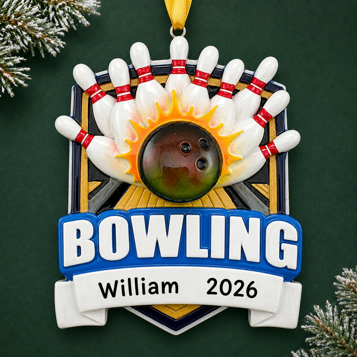 Personalized bowling ball strike christmas ornament on a dark green pine background