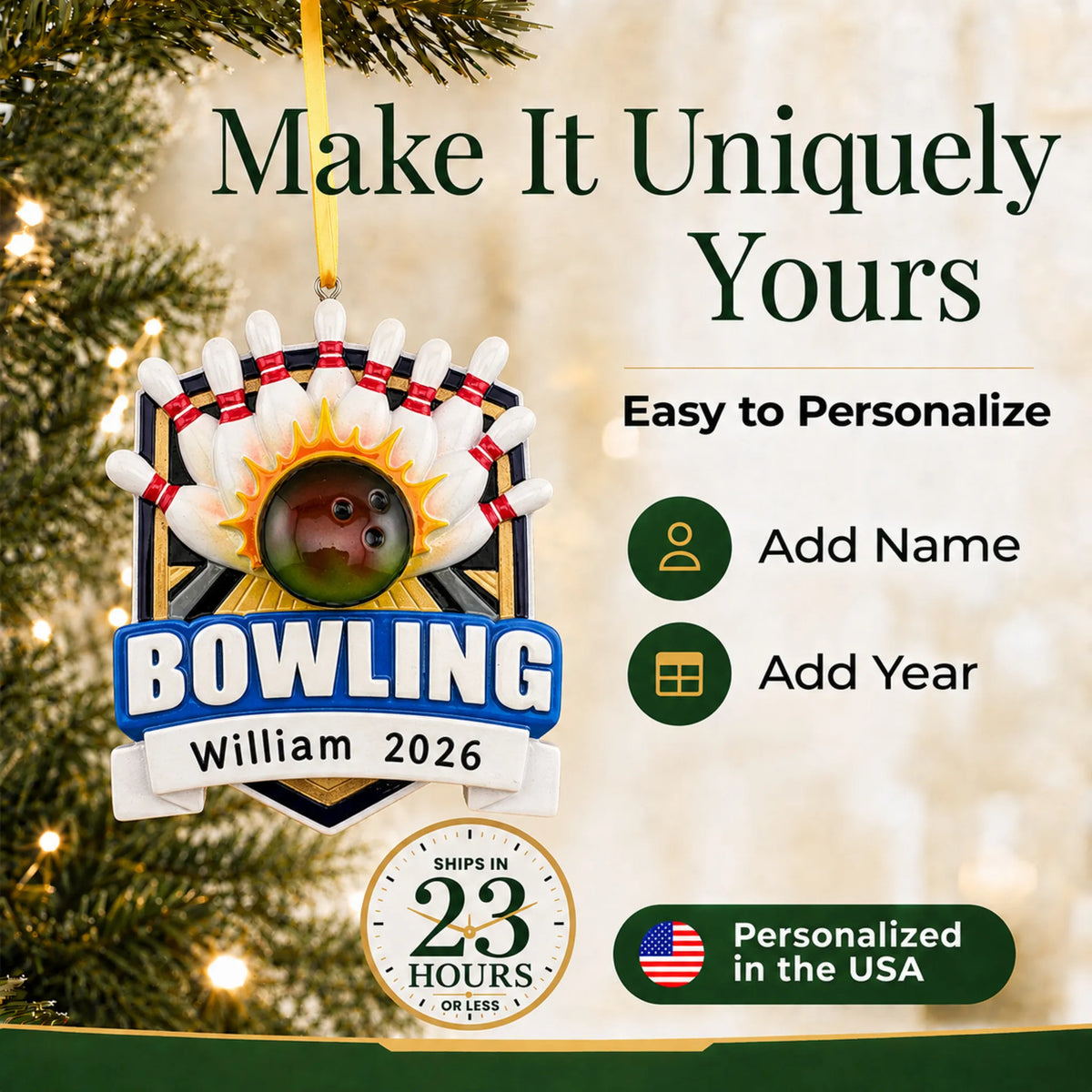 Make it yours: add name and year to the personalized bowling ball strike christmas ornament