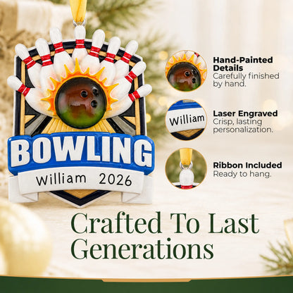 Hand-painted details and laser engraved personalization on the bowling ball strike christmas ornament, ribbon included