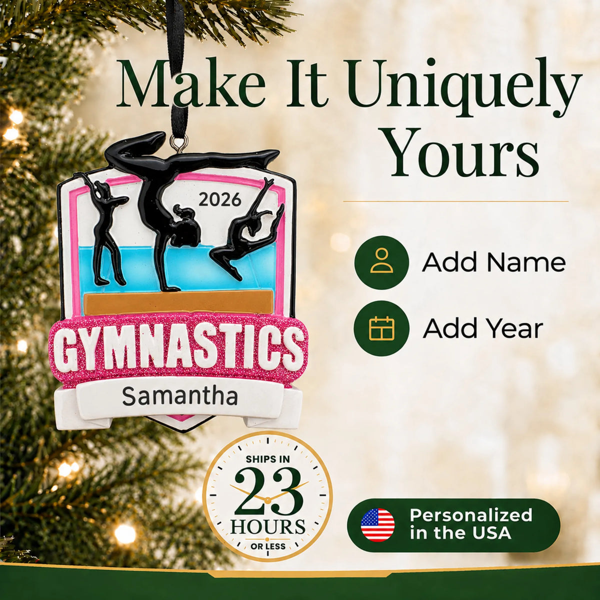 Make it yours: add name and year to the personalized gymnastics meet christmas ornament