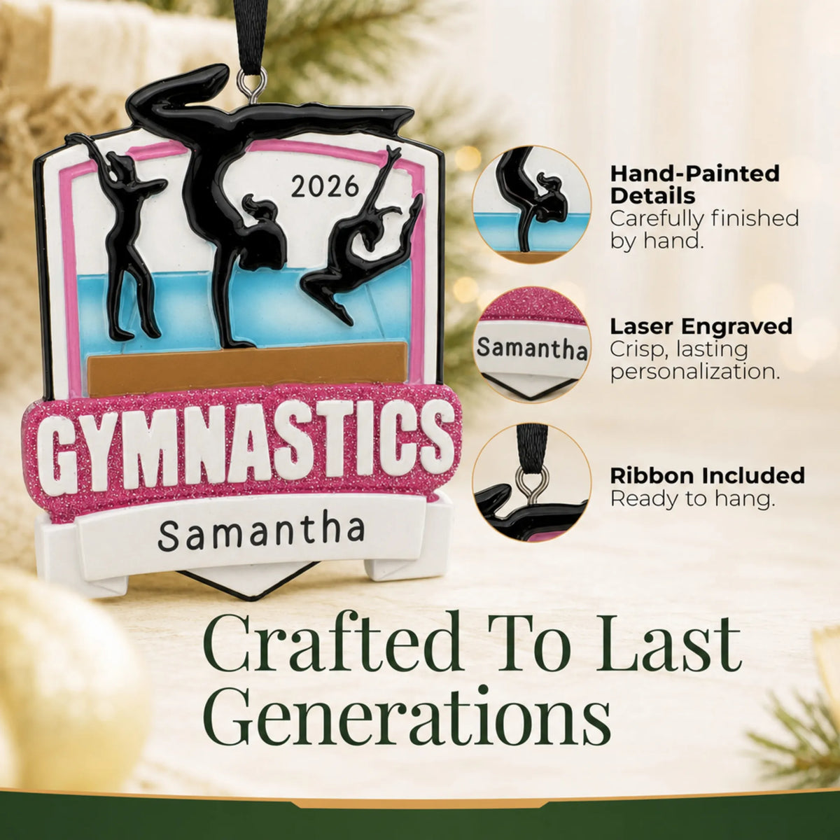 Hand-painted details and laser engraved personalization on the gymnastics meet christmas ornament, ribbon included