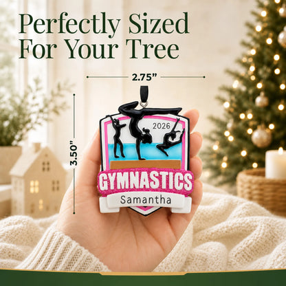 Size guide: the personalized gymnastics meet christmas ornament is 2.75 in wide by 3.50 in tall, shown in hand