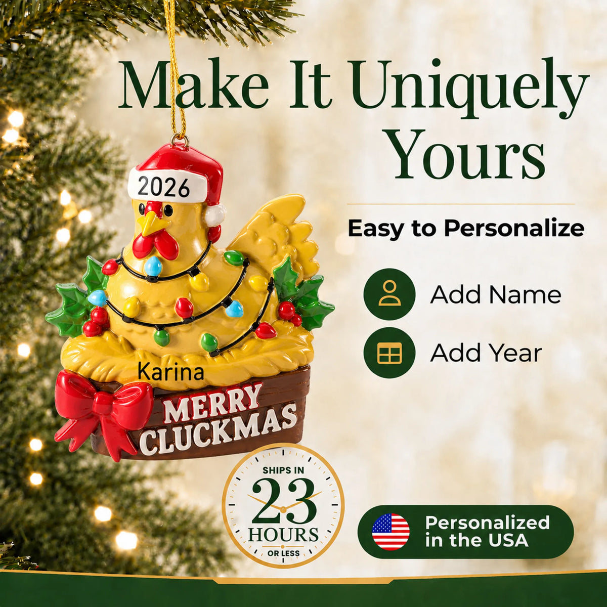 Make it yours: add a name and year to the personalized merry cluckmas chicken christmas ornament
