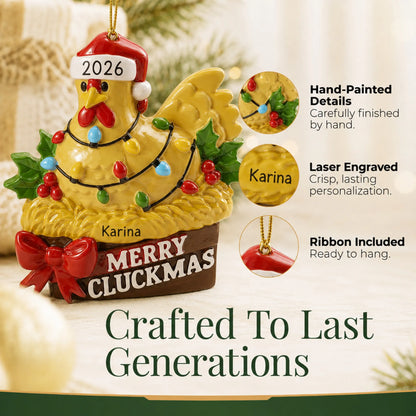 Hand-painted details and laser engraved personalization on the merry cluckmas chicken christmas ornament, ribbon included