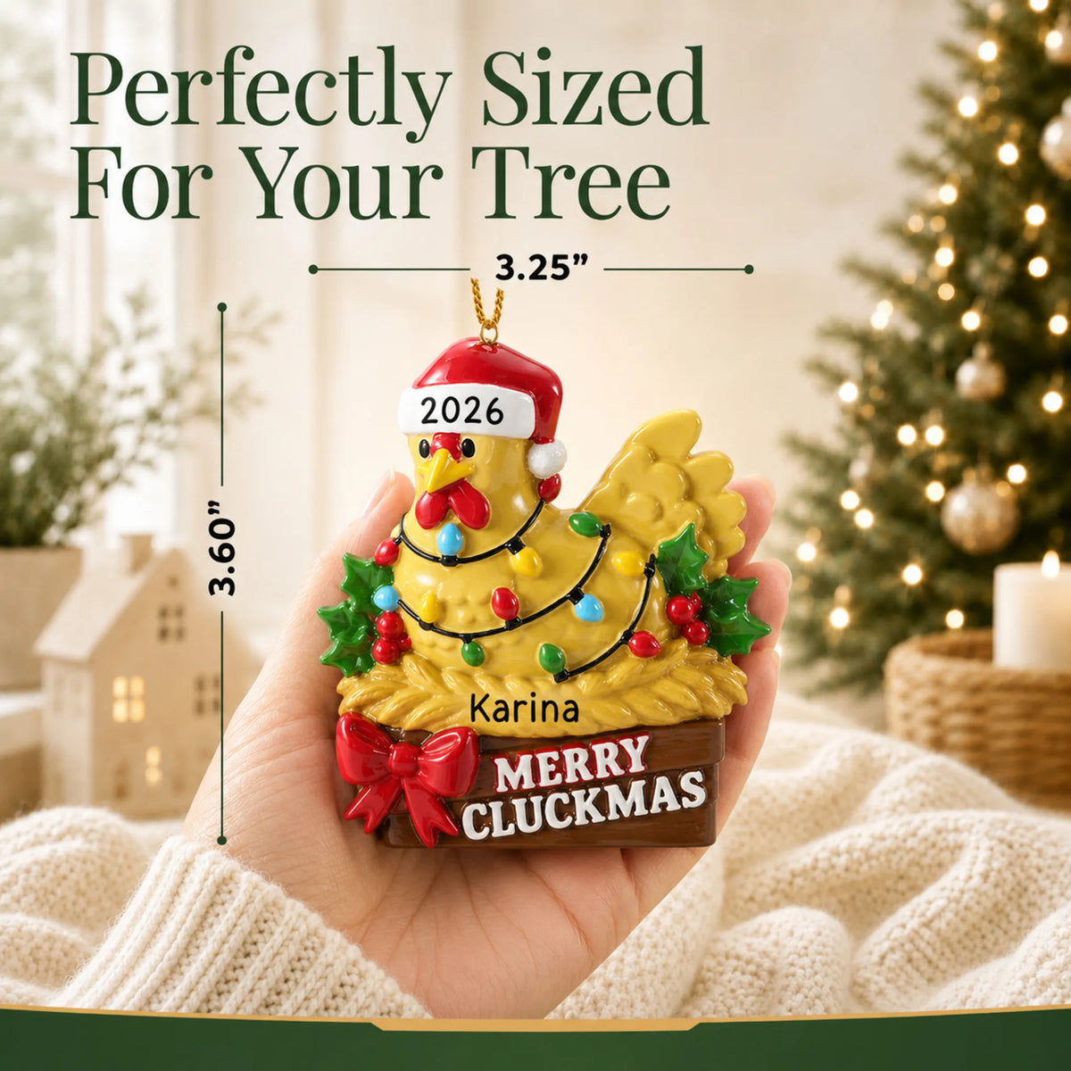 Size guide: the personalized merry cluckmas chicken christmas ornament is 3.25 in wide by 3.60 in tall, shown in hand