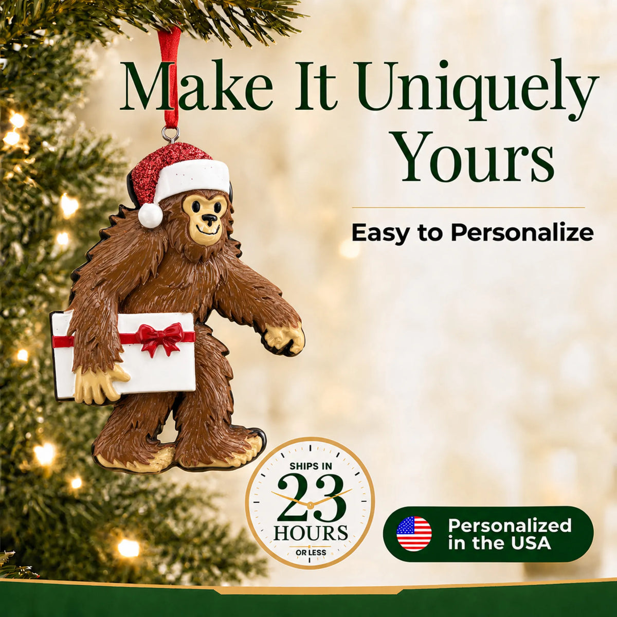 Make it yours: personalize the Yeti big foot christmas ornament