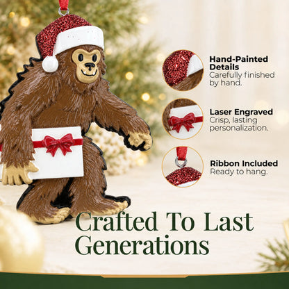 Hand-painted details and laser engraved personalization on the Yeti big foot christmas ornament, ribbon included