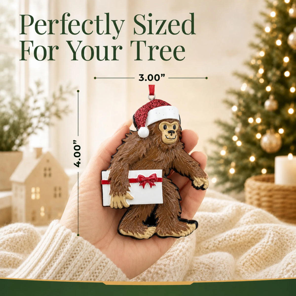 Size guide: the personalized Yeti big foot christmas ornament shown in hand next to a Christmas tree