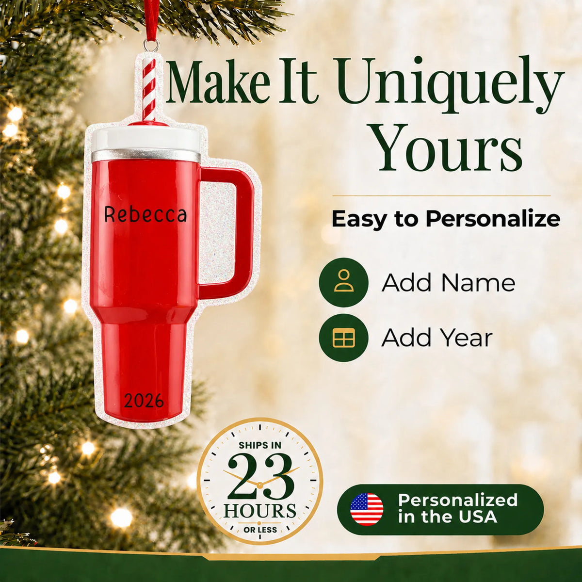 Make it yours: personalize the Red Tumbler Stanley Cup christmas ornament