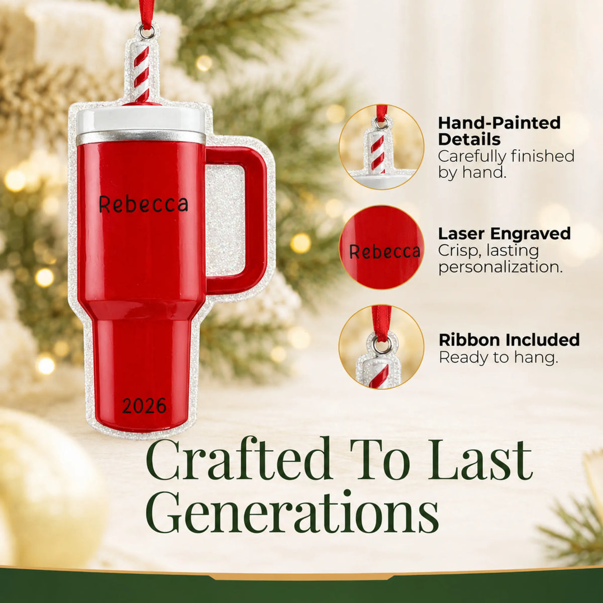 Hand-painted details and laser engraved personalization on the Red Tumbler Stanley Cup christmas ornament, ribbon included