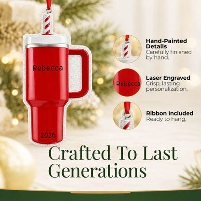 Hand-painted details and laser engraved personalization on the Red Tumbler Stanley Cup christmas ornament, ribbon included