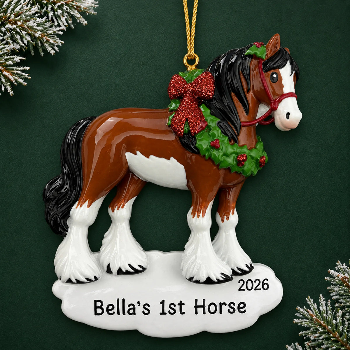 Personalized clydesdale horse christmas ornament on a dark green pine background