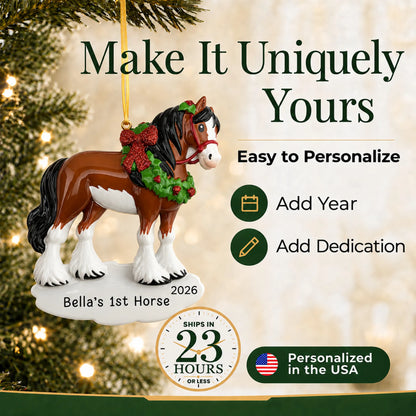 Make it yours: add dedication and year to the personalized clydesdale horse christmas ornament