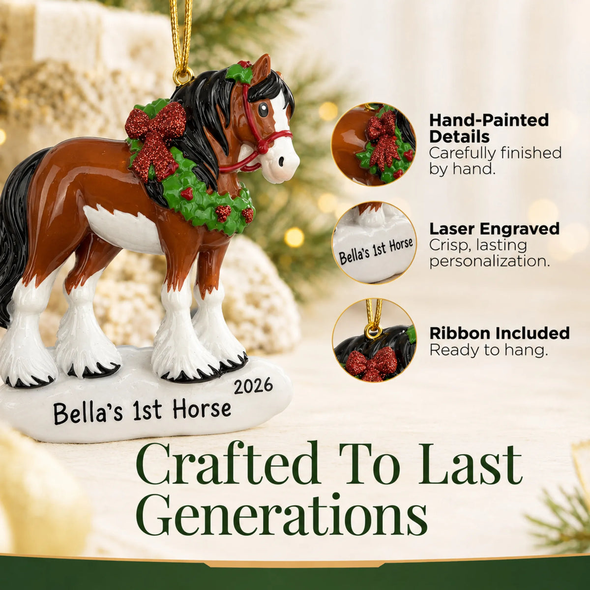 Hand-painted details and laser engraved personalization on the clydesdale horse christmas ornament, ribbon included