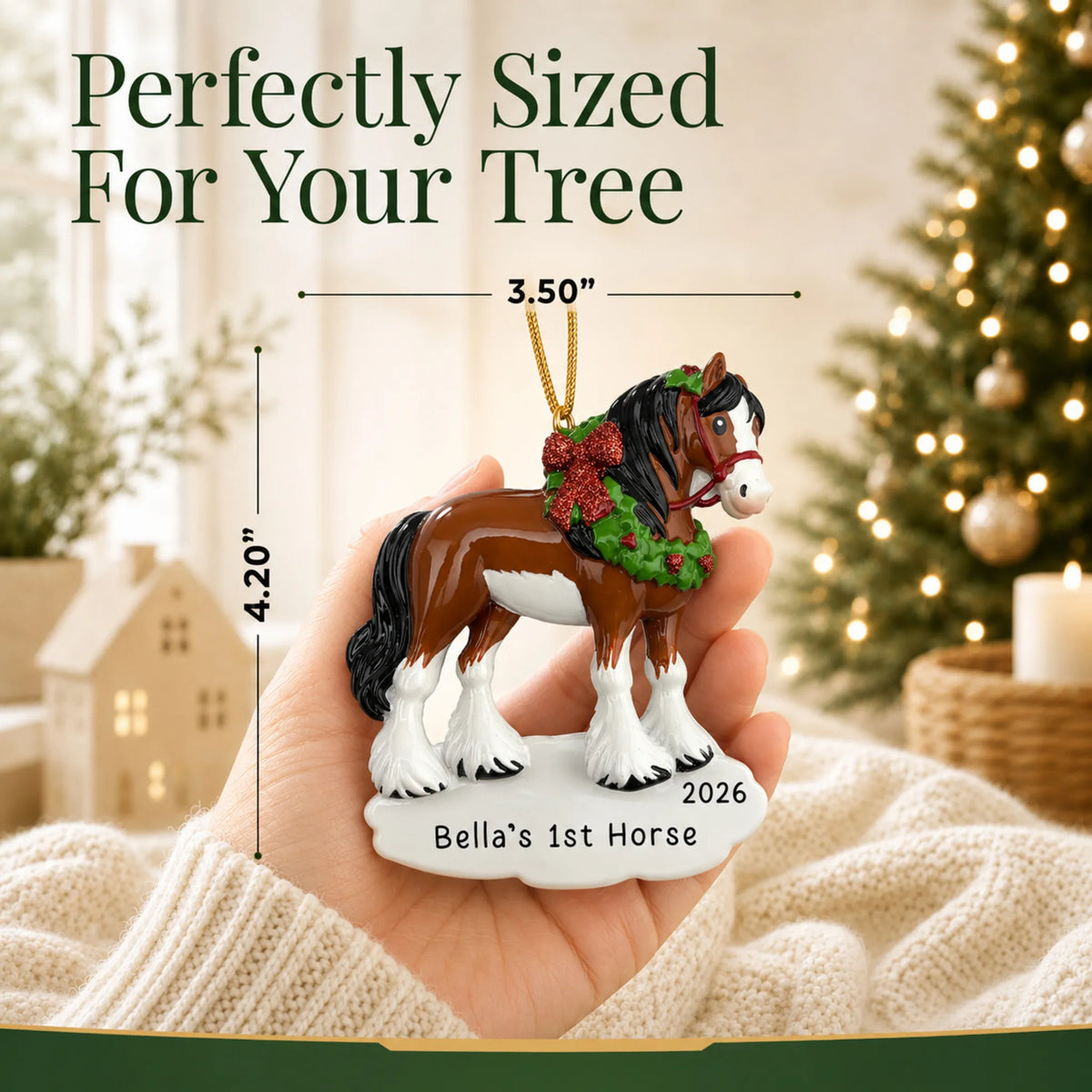Size guide: the personalized clydesdale horse christmas ornament is 3.50 in wide by 4.20 in tall, shown in hand