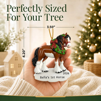 Size guide: the personalized clydesdale horse christmas ornament is 3.50 in wide by 4.20 in tall, shown in hand