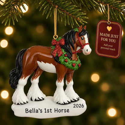 Clydesdale horse christmas ornament hanging on a lit Christmas tree with a Made Just For You gift tag