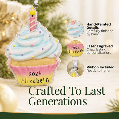 Hand-painted details and laser engraved personalization on the birthday cupcake christmas ornament, ribbon included