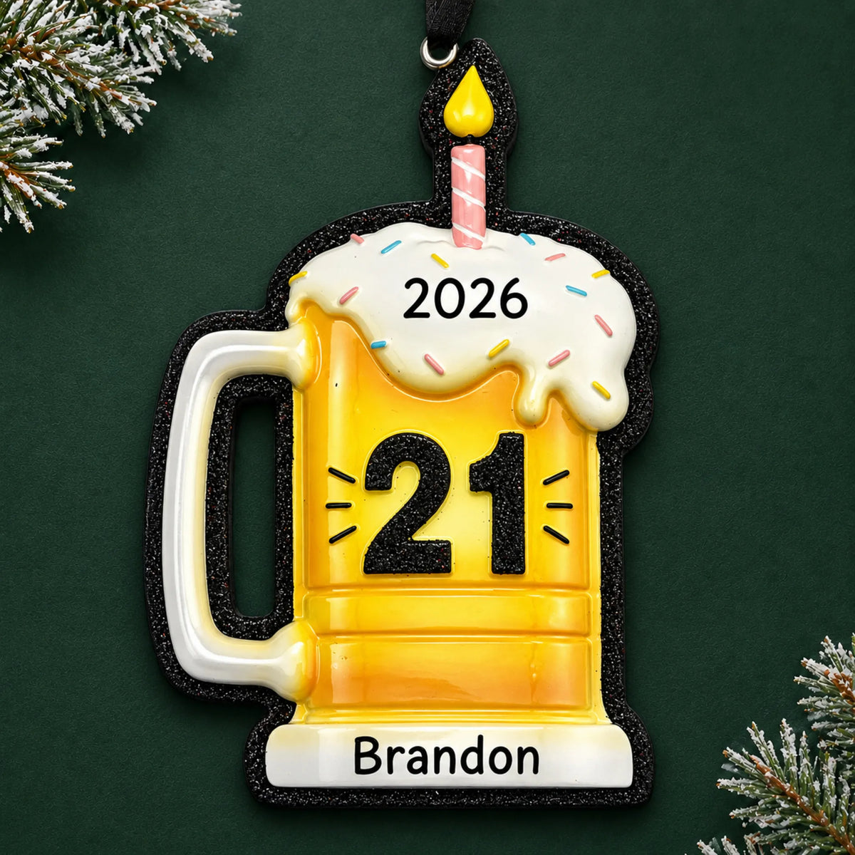 Personalized 21st Birthday Beer Mug christmas ornament on a dark green pine background