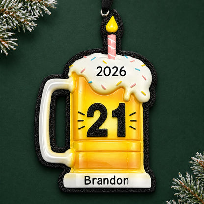 Personalized 21st Birthday Beer Mug christmas ornament on a dark green pine background